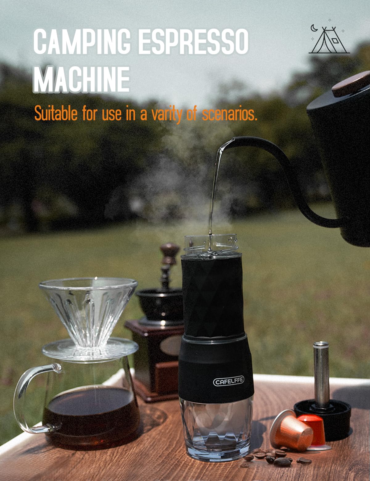 Cafetera portátil, versión actualizada de la máquina de café de cápsulas DG, máquina espresso de 18 bares, mini máquina de café de viaje operada manualmente. Perfecta para camping, negocios
