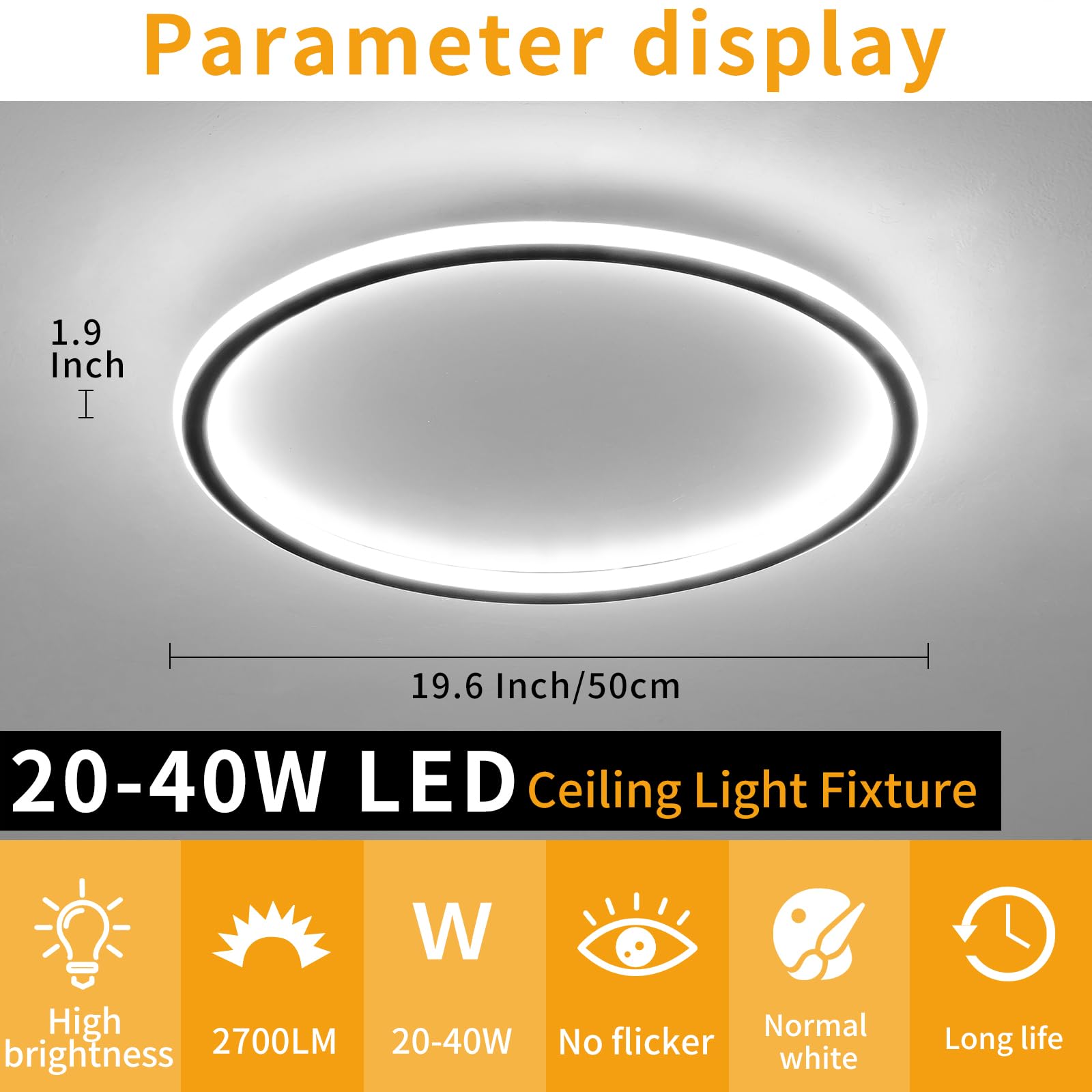 Mikeru Modern 50cm Round Ceiling Light, 6500k Cool White Recessed Bathroom Ceiling Light - Image 2