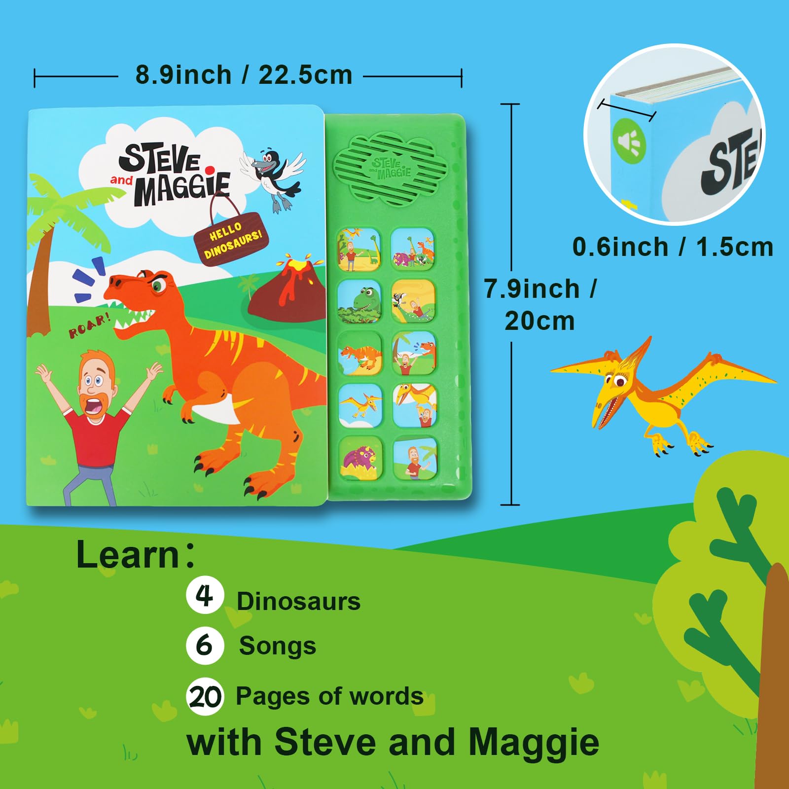 Steve and Maggie Hello Dinosaurs 10-Button Baby Sound Books, Sing-Along Dinosaur Nursery Rhymes Book - Image 4