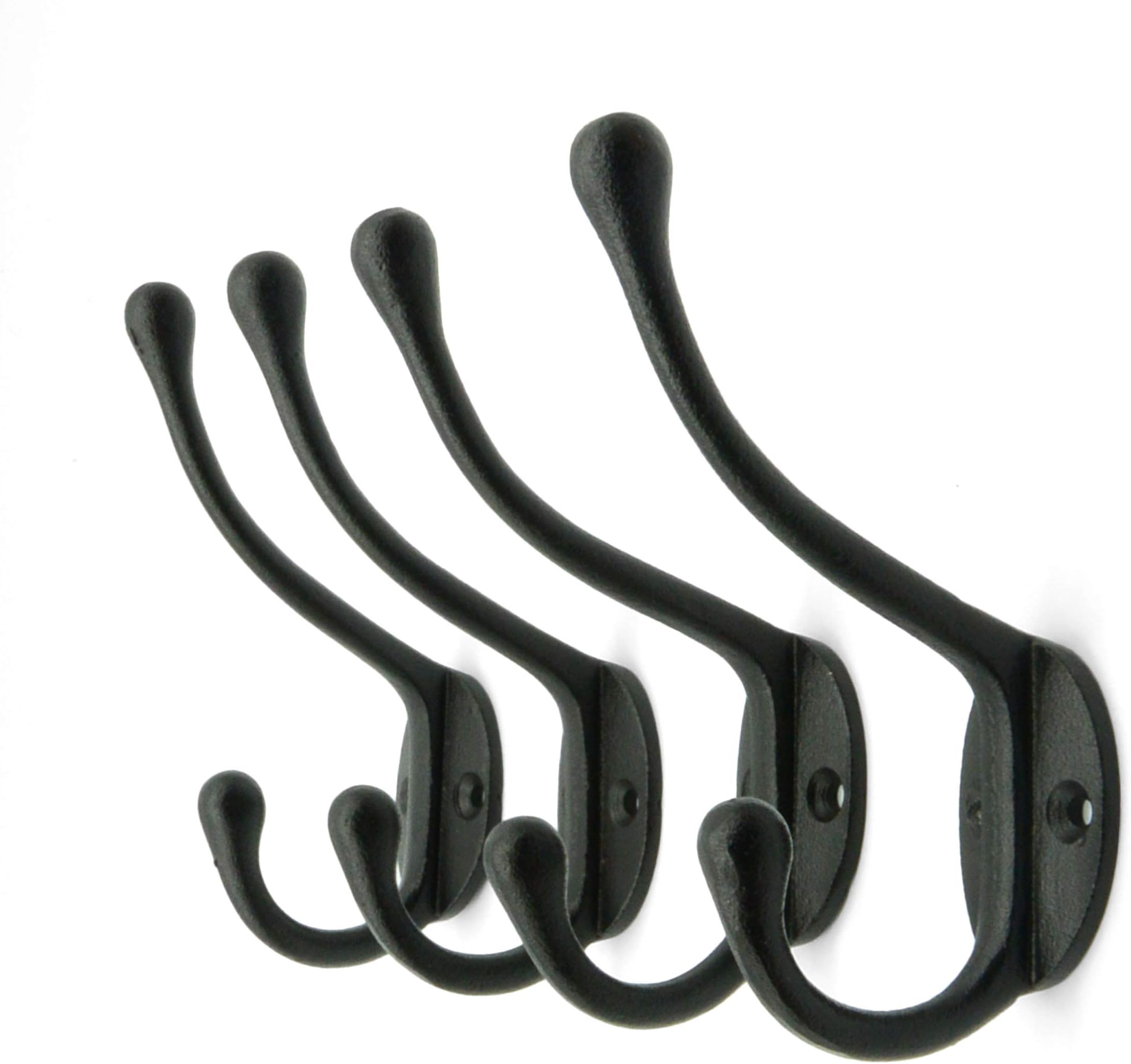Vintage Cast Iron Wall Hooks (Black Texture Finish, Set of 4) - Rustic, Farmhouse Coat Hooks | Great for Coats, Bags, Towels, Hats | Classic Slender