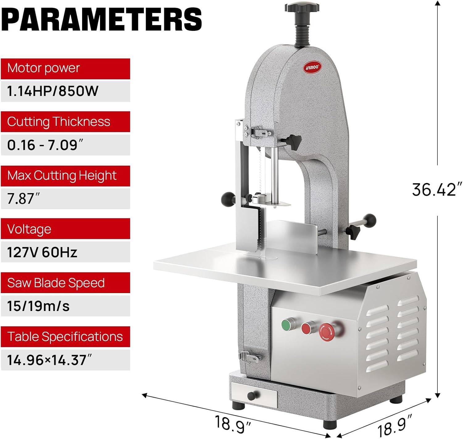 Electric Commercial Meat Bone Saw, 1500W Stainless Steel Meat Bone Sawing Machine, Workbeach 18.31"x14.37",1.57-7 Inch Cutting Thickness, Frozen Meat Cutter for Beef,Deer,Fish,Chicken