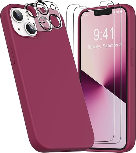 YATWIN Funda 5 en 1 diseñada para iPhone 13 con 2 protectores de pantalla + 2 protectores de lente de cámara, silicona líquida, delgada, de goma
