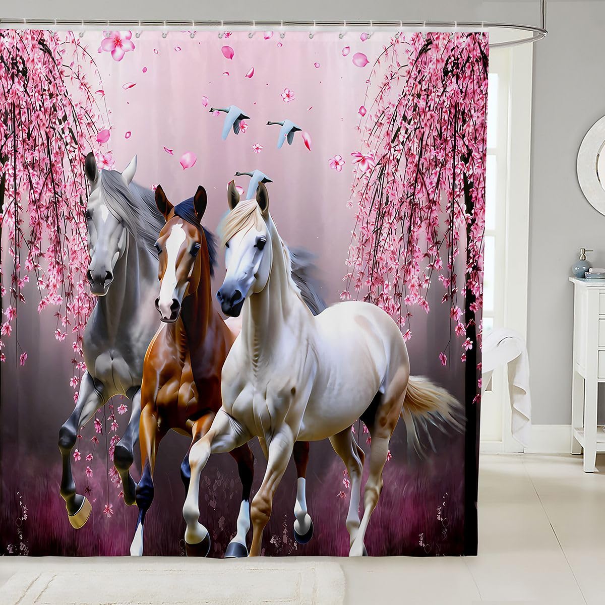Horse Cherry Shower Curtain Bathroom 72x72 Inches Girls Teens Kids Boys | Branches Steed Galloping Wild Animal Waterproof Fabric with 12 Hooks 3D Machine Washable