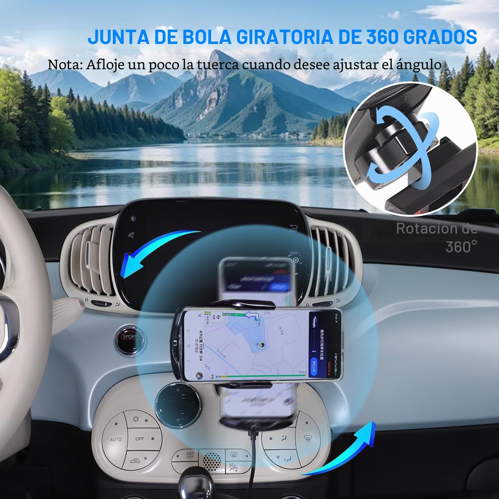 Soporte para teléfono móvil de coche compatible con Fiat 500 2016-2024, consola central, soporte de teléfono móvil de rotación de 360° (estilo C carga inalámbrica)