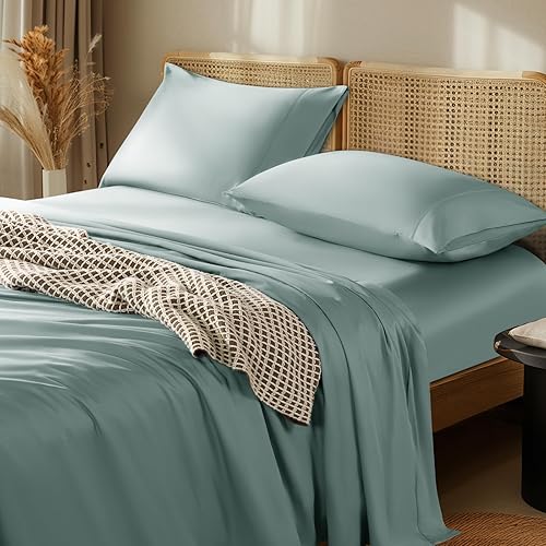 LBRO2M 100% Egyptian Cotton Sheets Set 1000 Thread Count,Queen Size Bed Sheet 4 Piece Sets,Long Staple,16 Inches Deep Pocket,All Season,Bedding Super Soft Breathable,Sateen Weave(White)(Sage Green,Cal King 16" Depth)