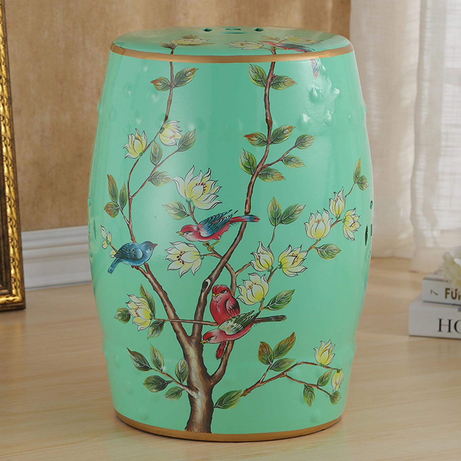 Tabouret de jardin en céramique peinte à la main, l'élégance de la porcelaine artisanale