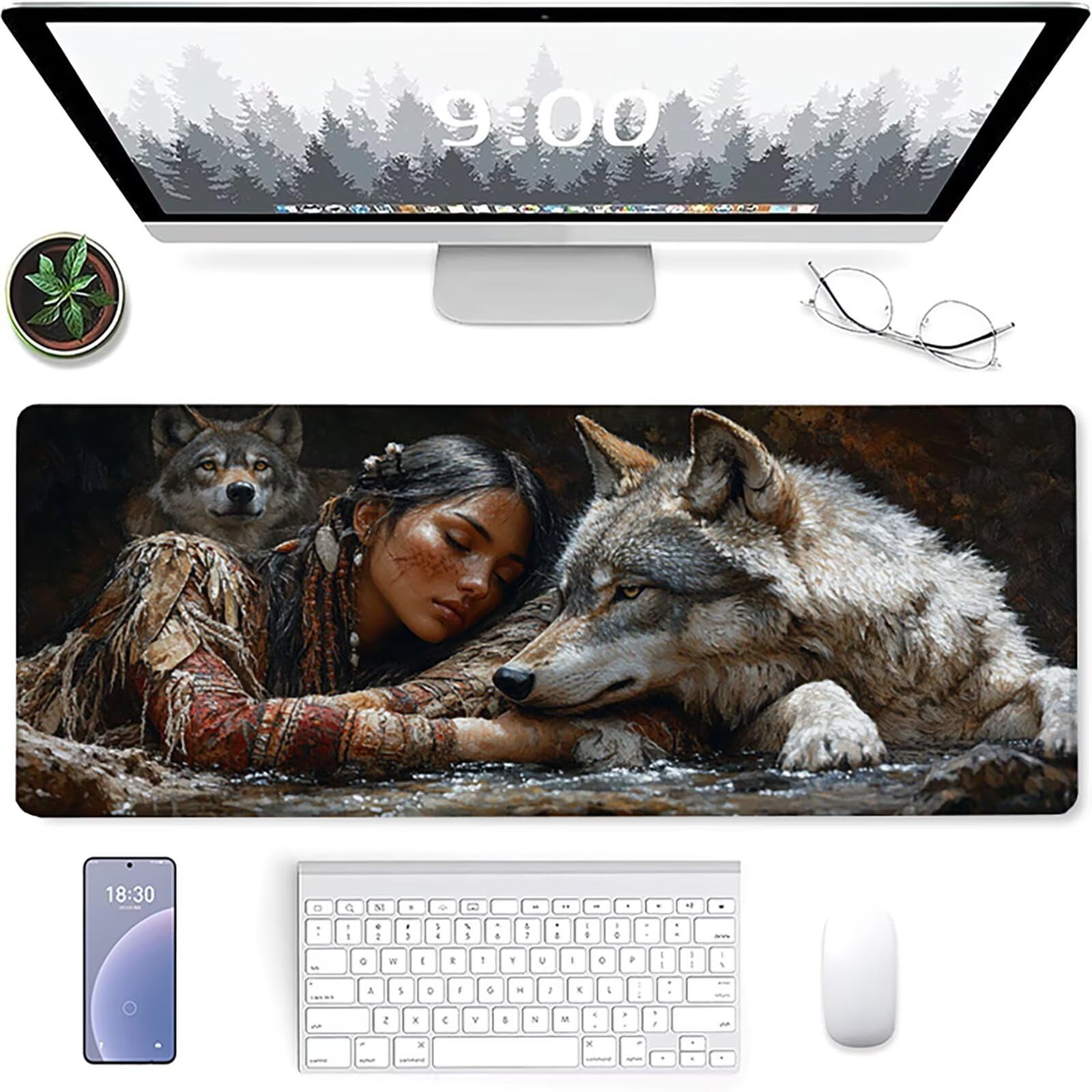Podkładka pod mysz XXL 1200 x 600 x 3 mm, szara podkładka pod mysz Wolf ze zszytymi krawędziami, antypoślizgowa gumowa podstawa rozszerzona podkładka pod mysz do gier na pad do biura akcesoria do gier