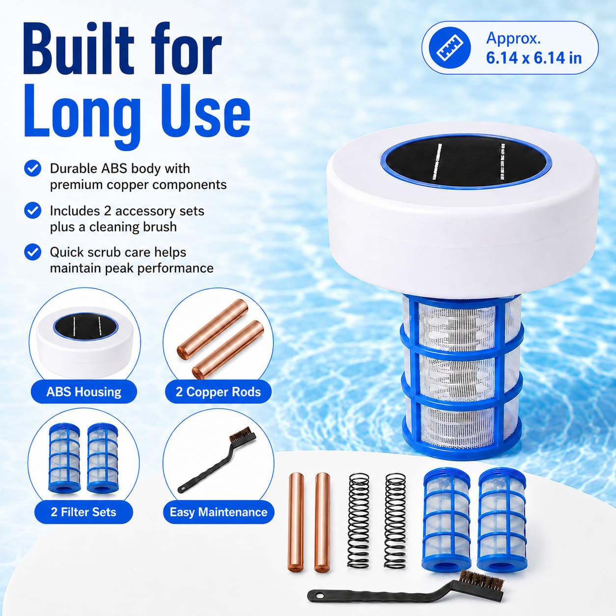 Pulitore solare ionizzatore per piscine, purificatore d'acqua agli ioni di rame e argento, con 2 set di accessori, senza cloro, per piscine fuori terra, spa e vasche idromassaggio