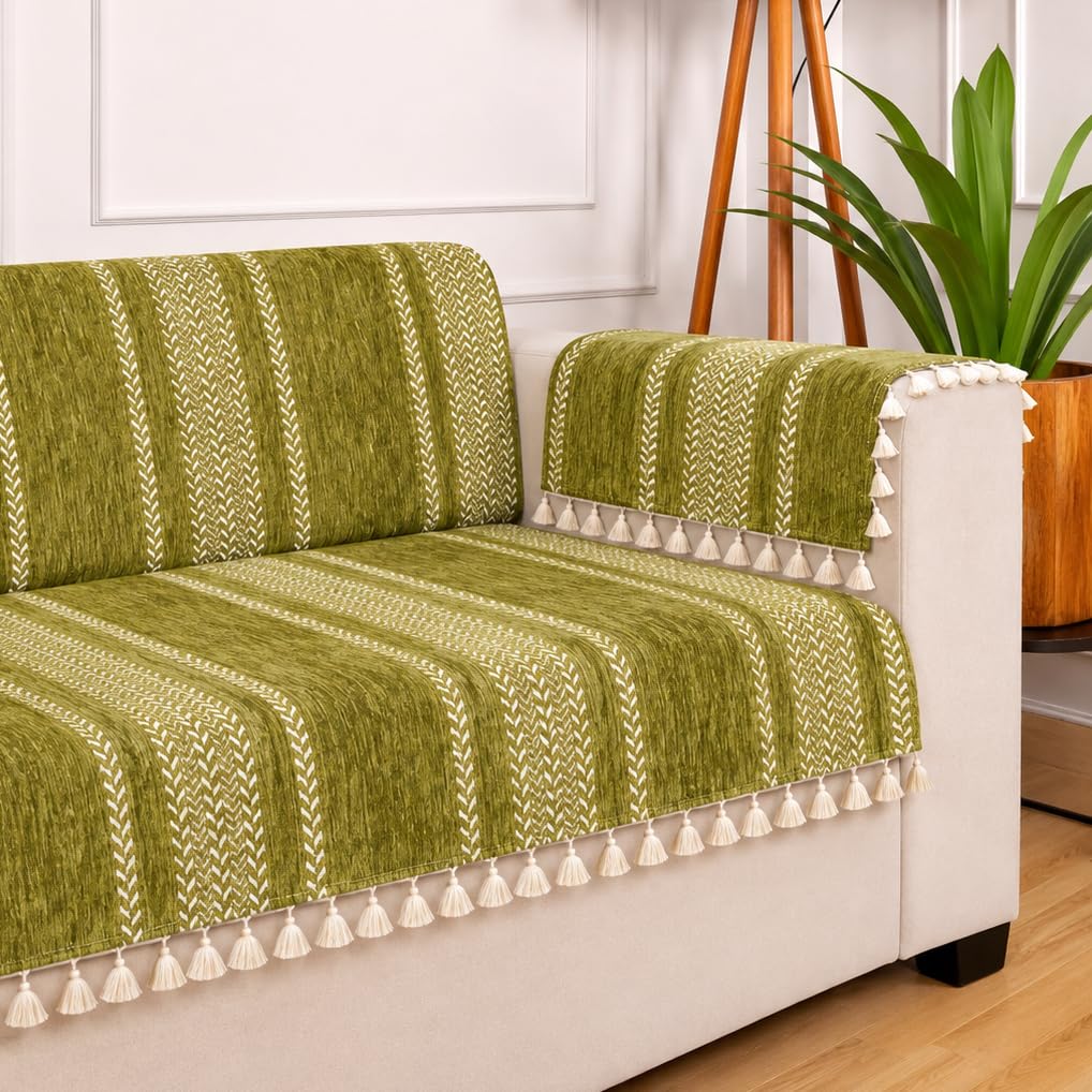 STITCHNEST Chenille Printed Sofa Cover 2 Seater with 2 Hand Rest Covers – Washable Green Sofa Cover with Tassels – Durable Premium Fabric – Stylish Sofa Protector for Living Room & Furniture Decor