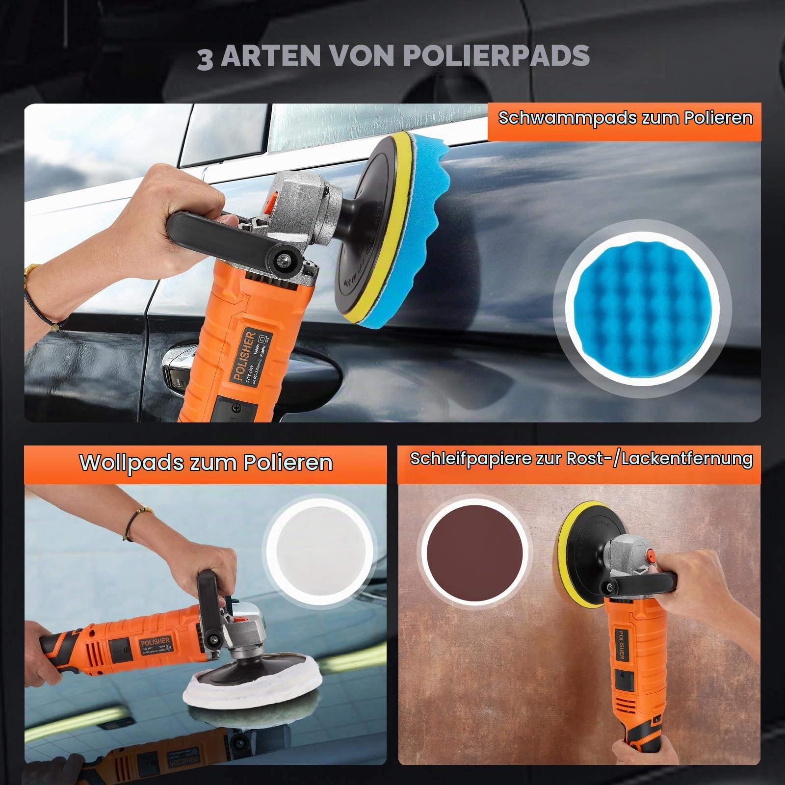 Autopoliermaschine, 1580 W, 7 variable Geschwindigkeiten, 500 – 3300 U/min, abnehmbarer D-Mang/seitlicher Griff, Orbitalpolierer fürs Auto zum Polieren und Wachsen