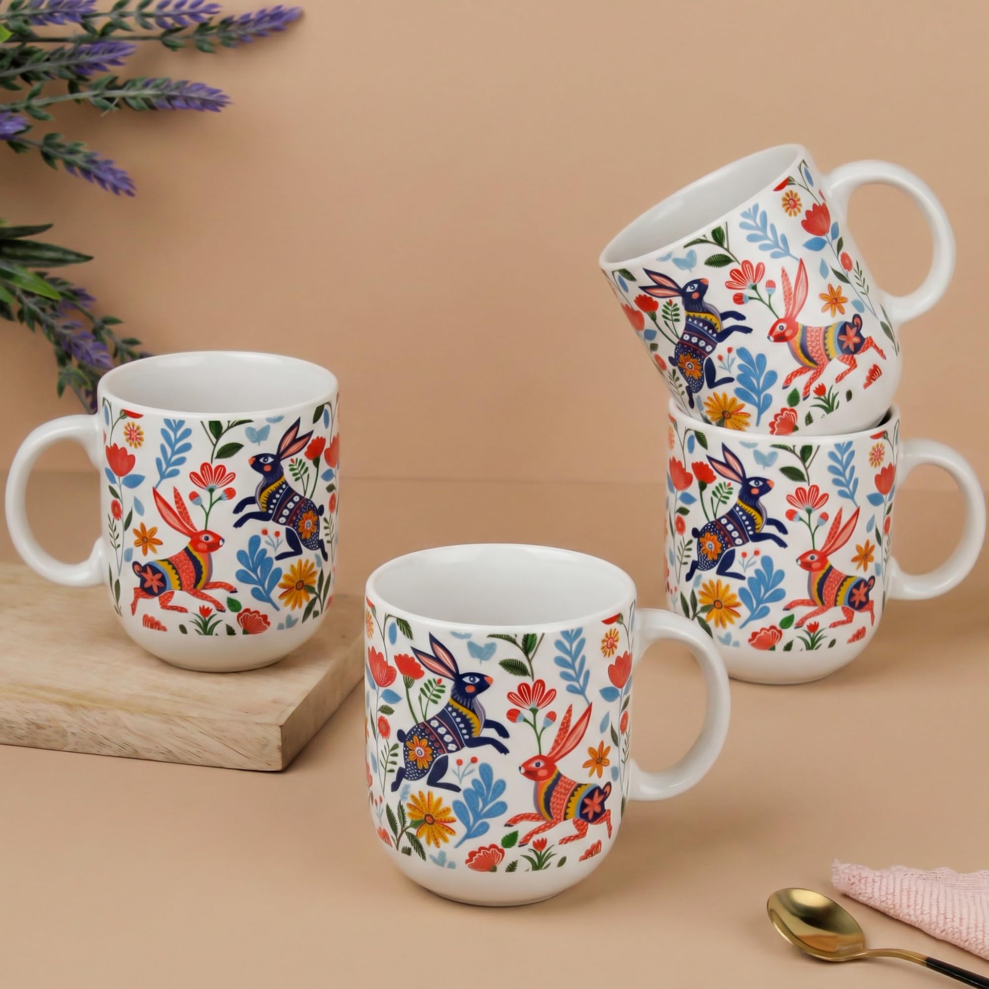 The Earth Store Bunny Floret Coffee Mug – 300ML Ceramic Coffee Mugs Set of 4 | Microwave & Dishwasher Safe Mugs for Gift | Home | Office | Restaurant | Daily Use Tea Mug