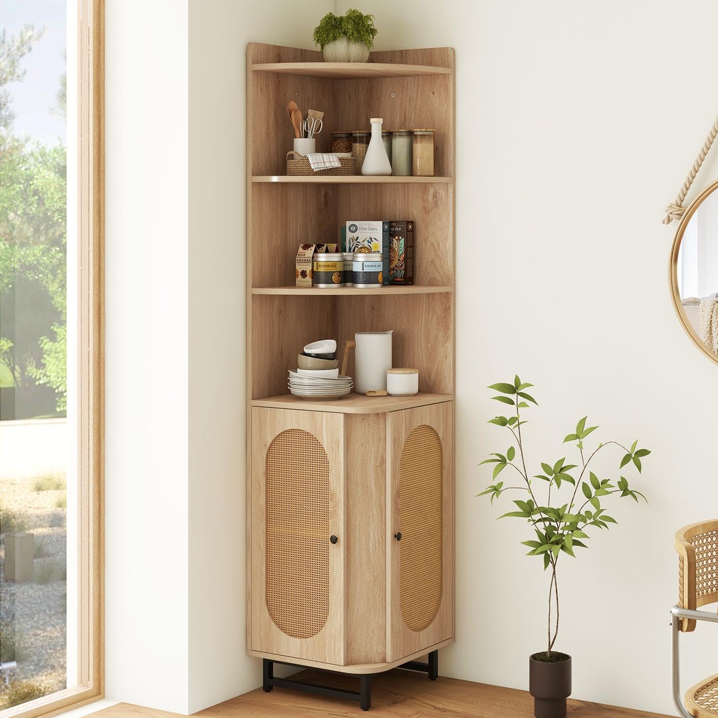 TANGZON Corner Cabinet, 172cm Tall Storage Cabinet with 2 PE Rattan Doors, 4 Open Shelves, Adjustable Shelf & Anti-Tipping Devices, Space Saving Wooden Sideboard Shelving Unit for Home Kitchen