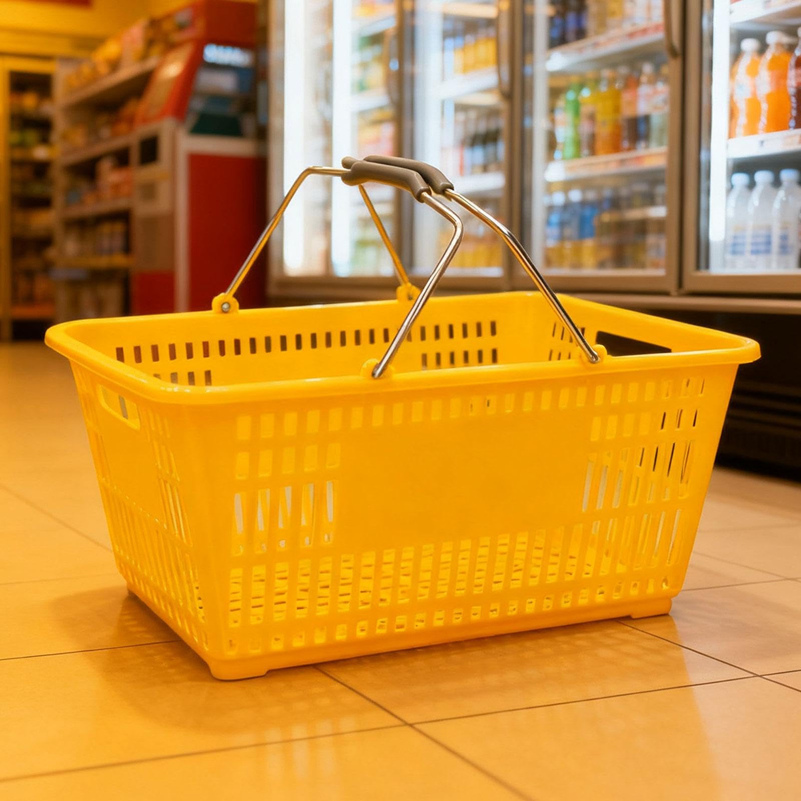 Einkaufskorb, Supermarkt-Organizer, tragbarer und ergonomischer Eisen-Aufbewahrungskorb mit Griff für Lebensmittel, Spielzeug, Kosmetik, Gelb