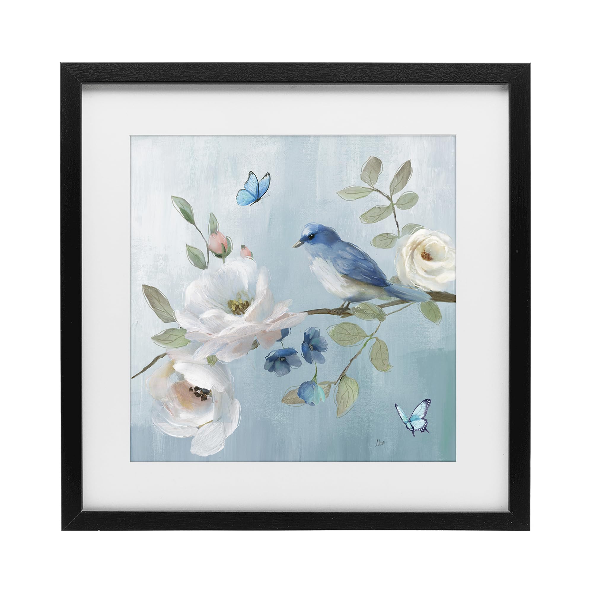 Stupell Industries 'Pastel Blue Bird Blooms', Framed Print Under Glass, Black, 16 x 16 Inches, Easy to Hang and Sturdy, Made in USA, by Nan