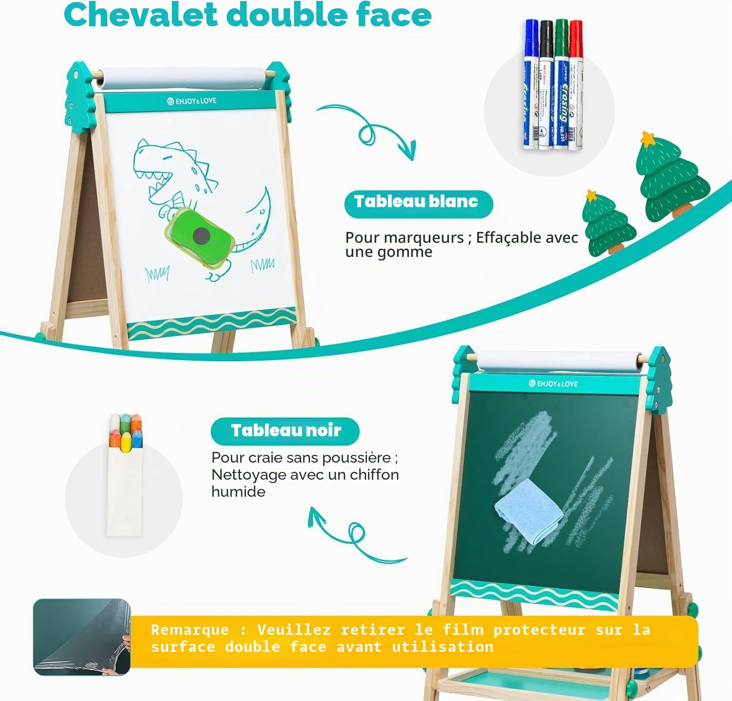 Chevalet Peinture Enfant Tableau Double Face Tableau Blanc et Noir en Bois et Hauteur Réglable avec Rouleau de Papier,Convient aux Filles et aux Garçons âgés de 3 à 8 Ans (Bleu)