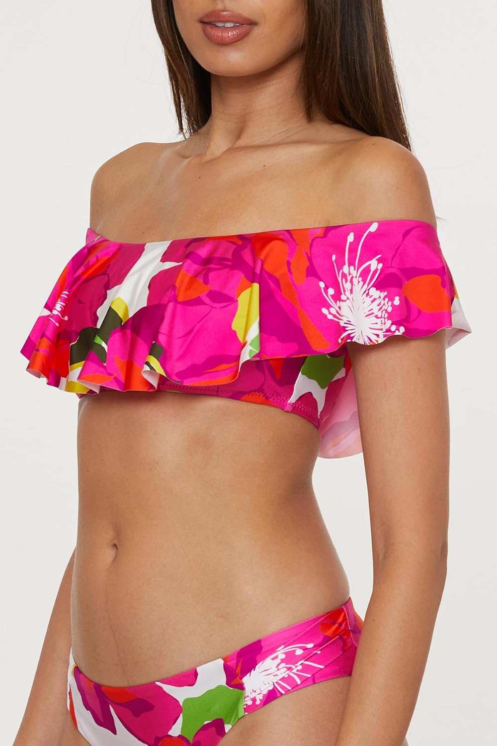 Trina Turk Women's Bloom Ruffle Bandeau Bikini Top, Off Shoulder, Floral Print, Swimwear Separates for Women