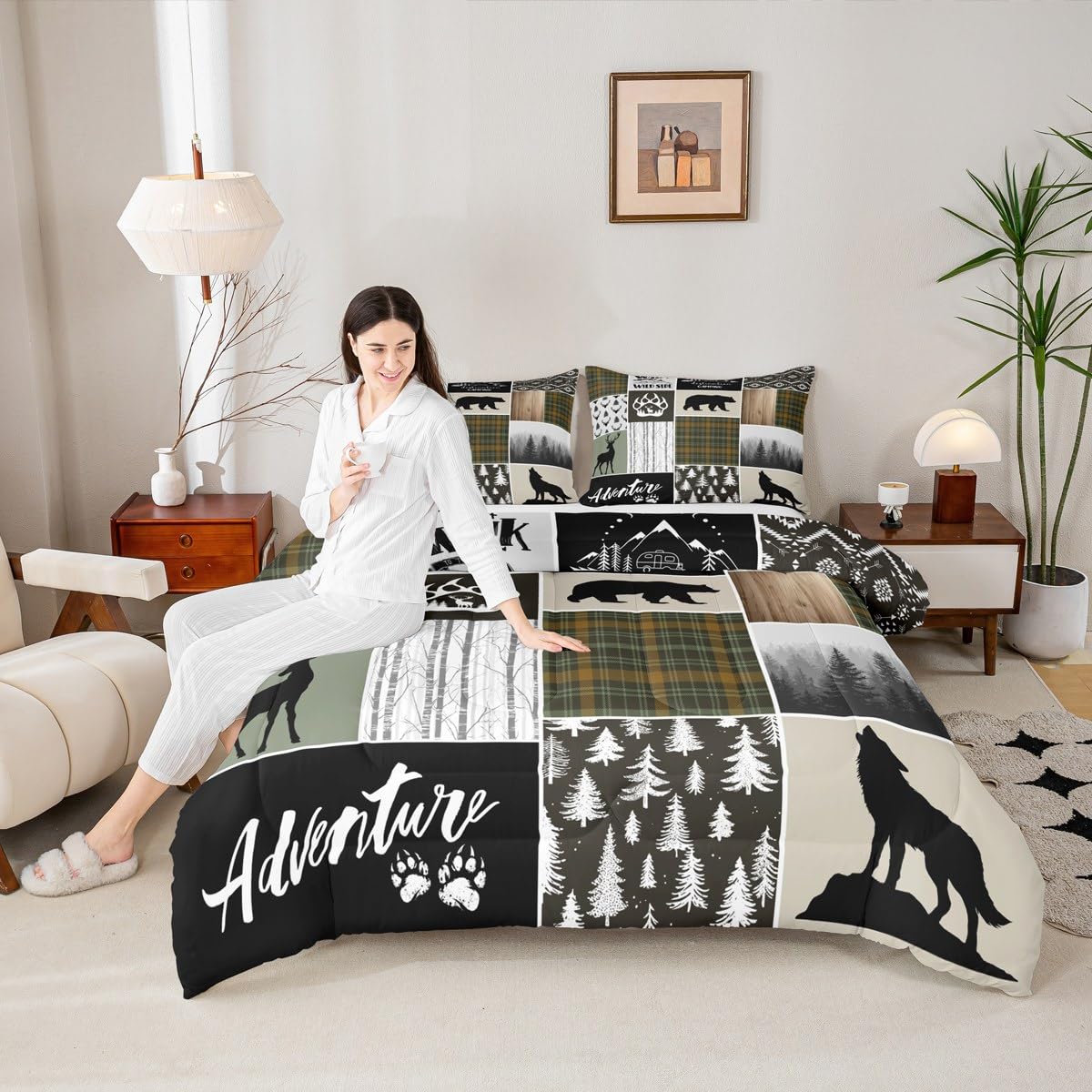 Camper Adventure Kids Comforter Set Twin Size,Deer Antlers Bear Paws Rustic Farmhouse Bedding Set for Boys Girls Adults Room Decor,Atzec Arrows Boho