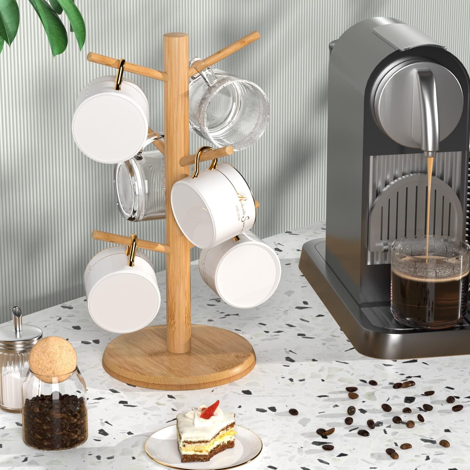 Wisuce Coffee Mug Tree Bamboo Mug Holder Cup Stand Mug Holders for Countertop Coffee Rack Organizer Stand with 6 Hooks