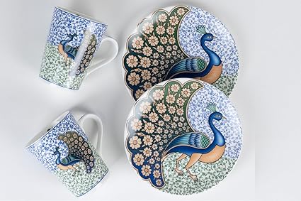 GOLDEN QUEEN'S Sip & Serve Essentials - Set of 2 Mugs (300ml) & 2 Snack Plates (7 inch) (Indian Peafowl)