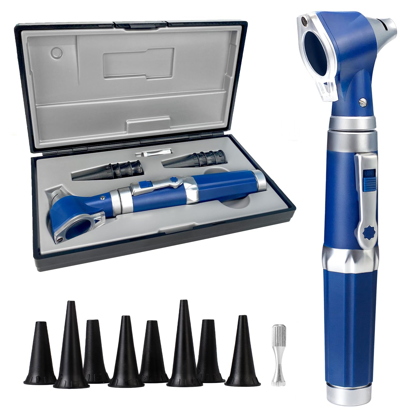 Scian Otoscopio Medico Profesional - Otoscopio Con Lámpara, 3 Magnificaciones, 4 Herramientas De Diagnóstico Para El Cuidado Del Oído Del Tamaño De La Lente, Caja De Plástico Duro (Blue1)