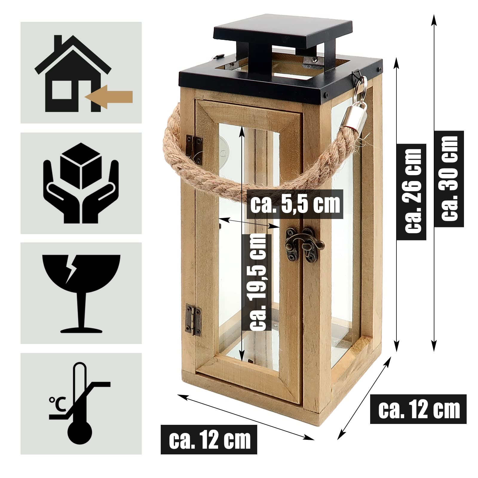 Dekovita 2er-Set Gartenlaterne 30cm / 42cm - Holz-Laternen inkl. Kordel Henkel - Windlicht Deko-Laterne Naturholz