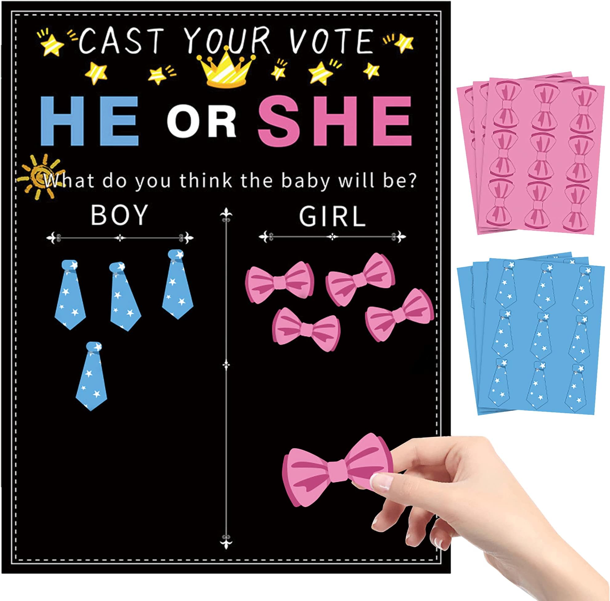 Creative Voting Game - Boy or Girl Baby Gender Reveal Party with 27 Blue Ties and 27 Pink Bows Stickers