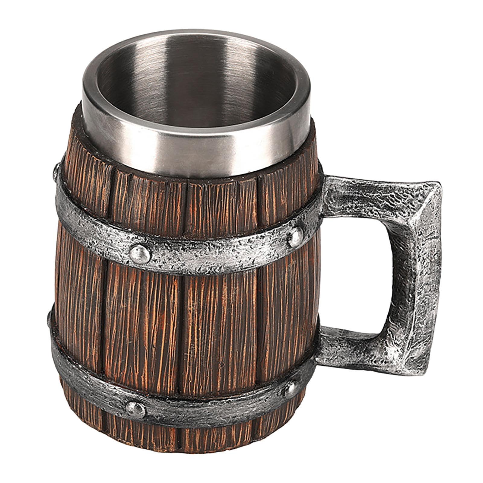 AZOOB Chope de bière en Baril, chope de bière Viking 600ml, tasses de Baril Antique en Acier inoxydable, Double paroi Isolation café Cool Mug, Tasse de Baril en Bois, Tasse de Baril de Cocktail, TASS