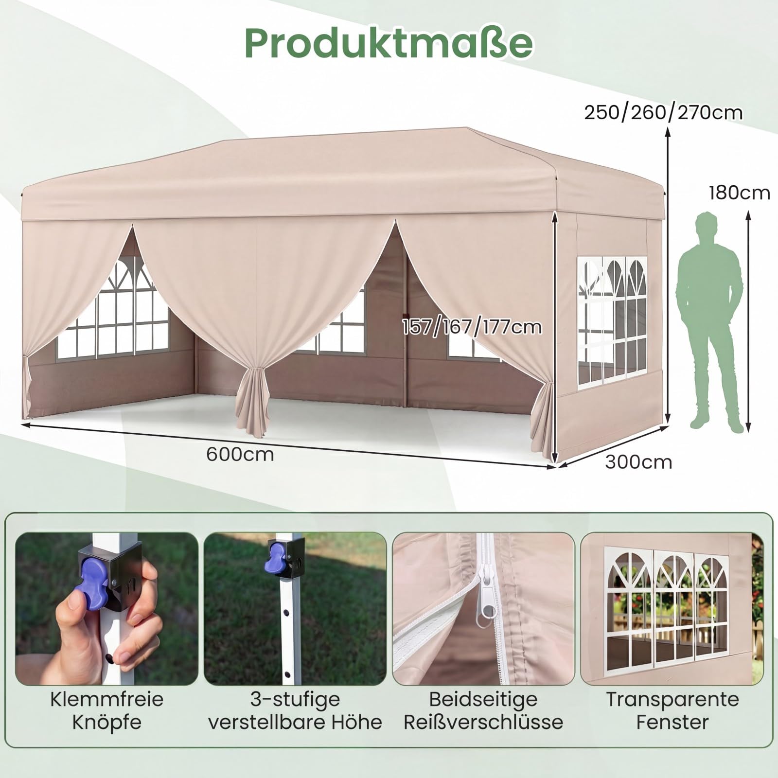 COSTWAY Pawilon składany Pop-up z metalową ramą, 6 ścian bocznych, 6 worków na piasek, liny wiatrowe i szpikulce do wbijania w ziemię, namiot imprezowy z torbą do noszenia na kółkach, na plażę, wesele