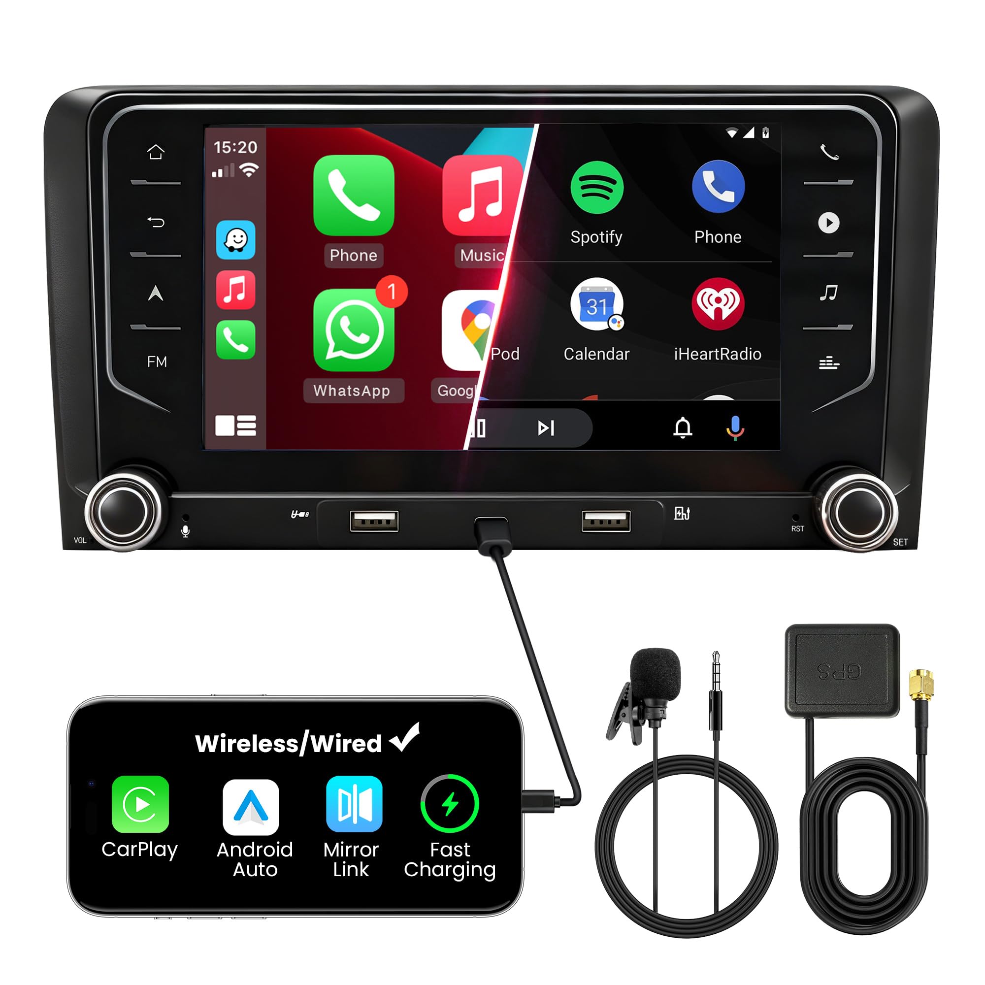 Doppel DIN Autoradio mit Bildschirm für Audi A3 (2003-2012), Wireless CarPlay & Android Auto, 7" Auto Radio Touch Display, 4GB+64GB, Bluetooth 5GHz WiFi DAB+ FM AUX GPS