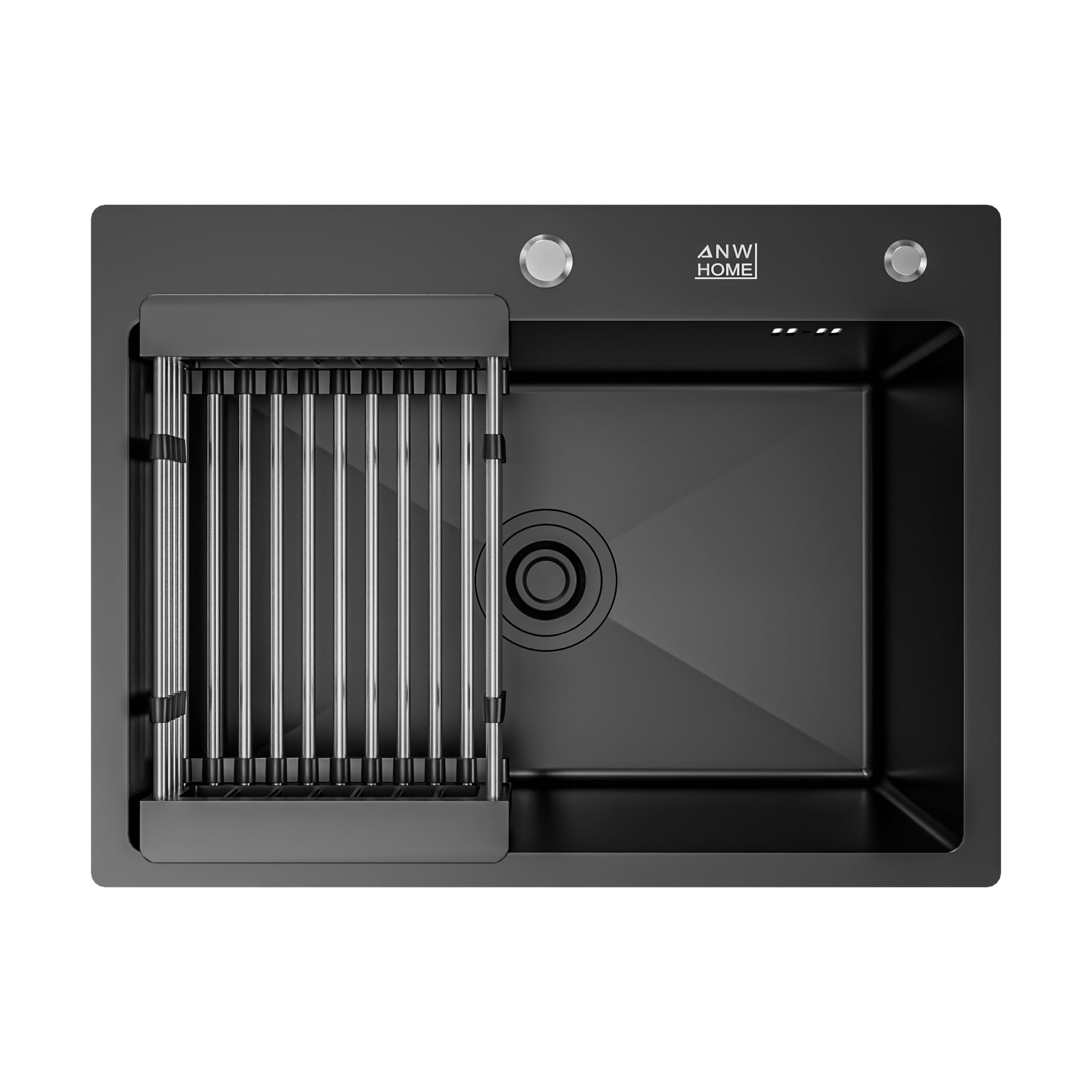 ANW HOME Kitchen Sink 60x45 cm, Stainless Steel Sink, Single Bowl Topmount in Black with Nano-Coated Surface, Thickness 3.0+1 mm, with Siphon Soap Dispenser and Basket