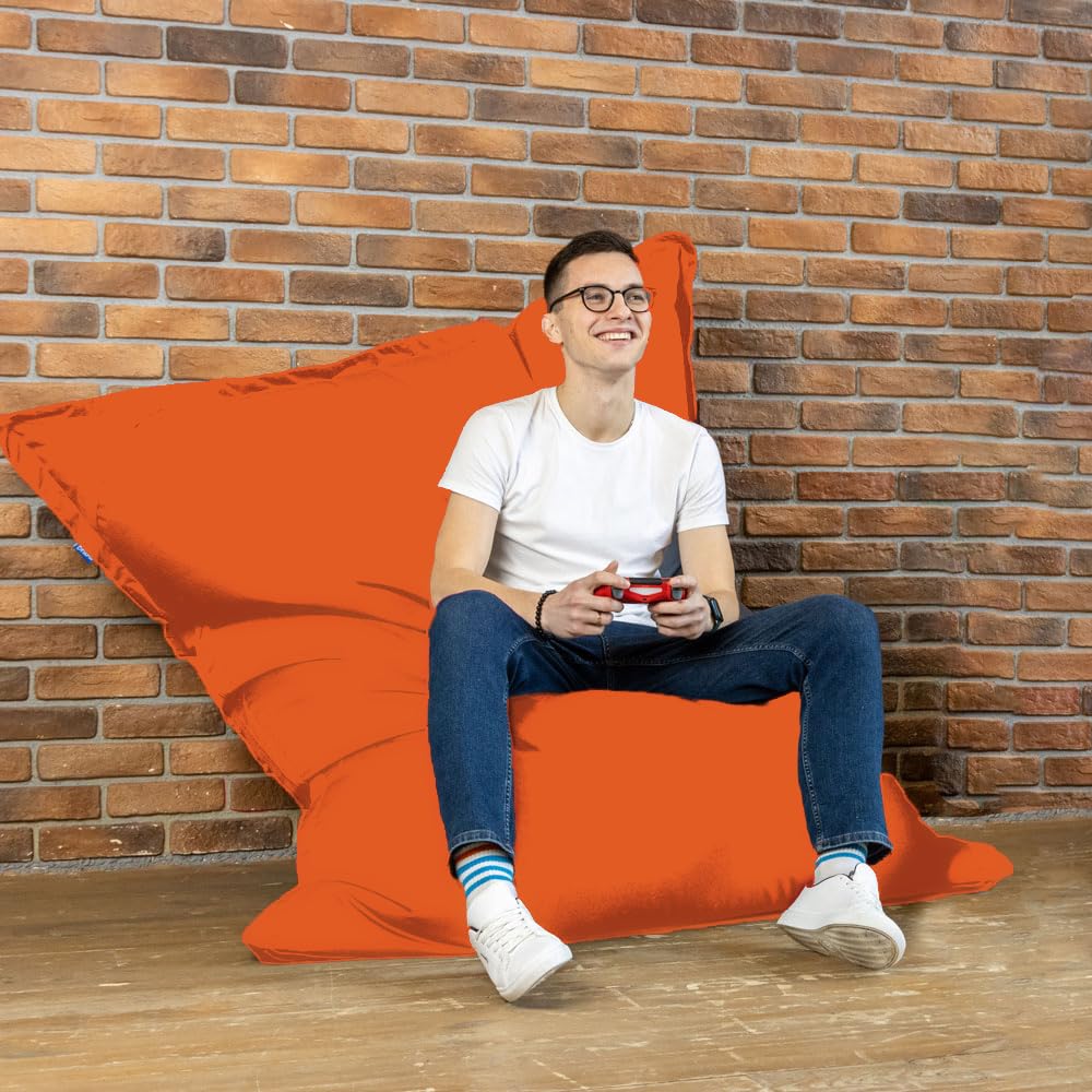 Bruni Pouf géant Caree orange – Pouf rectangulaire XXL, 140 x 180 cm et rembourrage de 400 l, avec housse intérieure, sac de couchage amovible, pour l'intérieur et l'extérieur, fabriqué en Allemagne