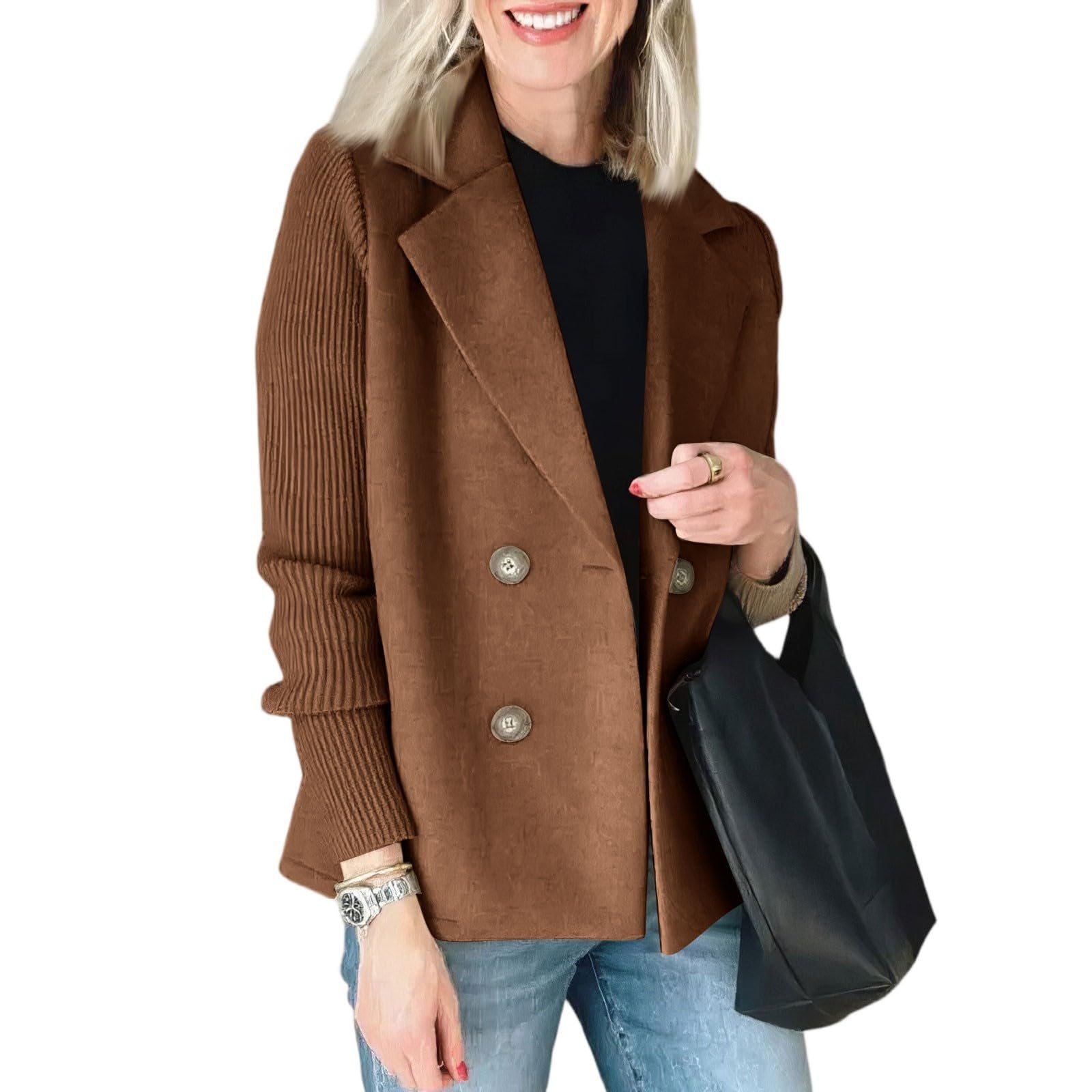 Giacca corta da donna in stile business, elegante in tweed con doppio petto elegante, con design patchwork, marrone, S
