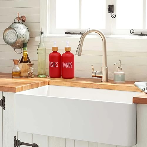 Miniatura 2 de Funly mee Juego de 2 dispensadores de jabón de vidrio de granja con bandeja de madera, jabón de manos y dispensador de jabón de platos para cocina y