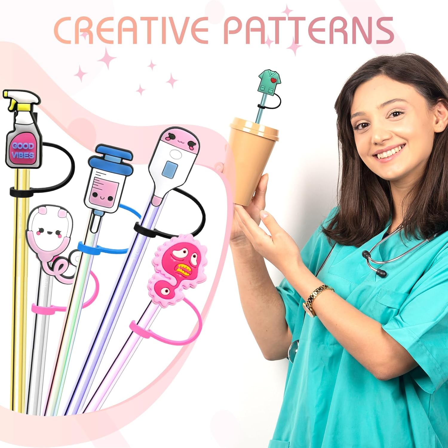 ZYNERY 26 PCS Silicone Straw Cover, Nurse Themed Straw Cover Cap, Anti-Dust Seal Straw Caps for Reusable Straws, Straw Toppers for 6-8mm Straws, Straw Tips Cover for Doctor Nurse Party Gifts - Image 5