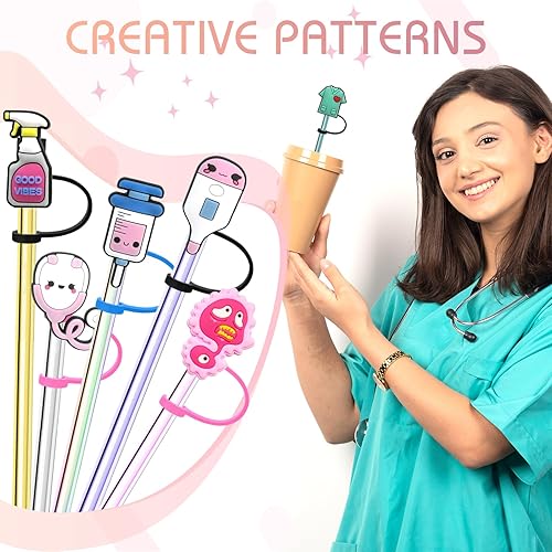 Miniatura 5 de ZYNERY 26 fundas de popote de silicona, tapa de popote con temática de enfermera, tapas de sorbete antipolvo para popotes reutilizables, adornos