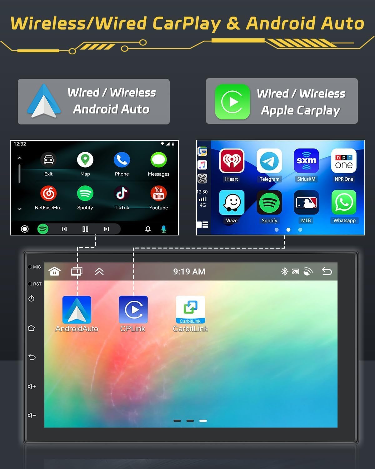 Screenshots demonstrating the Wireless CarPlay and Android Auto interfaces on the Hikity Autoradio, showing various app icons.