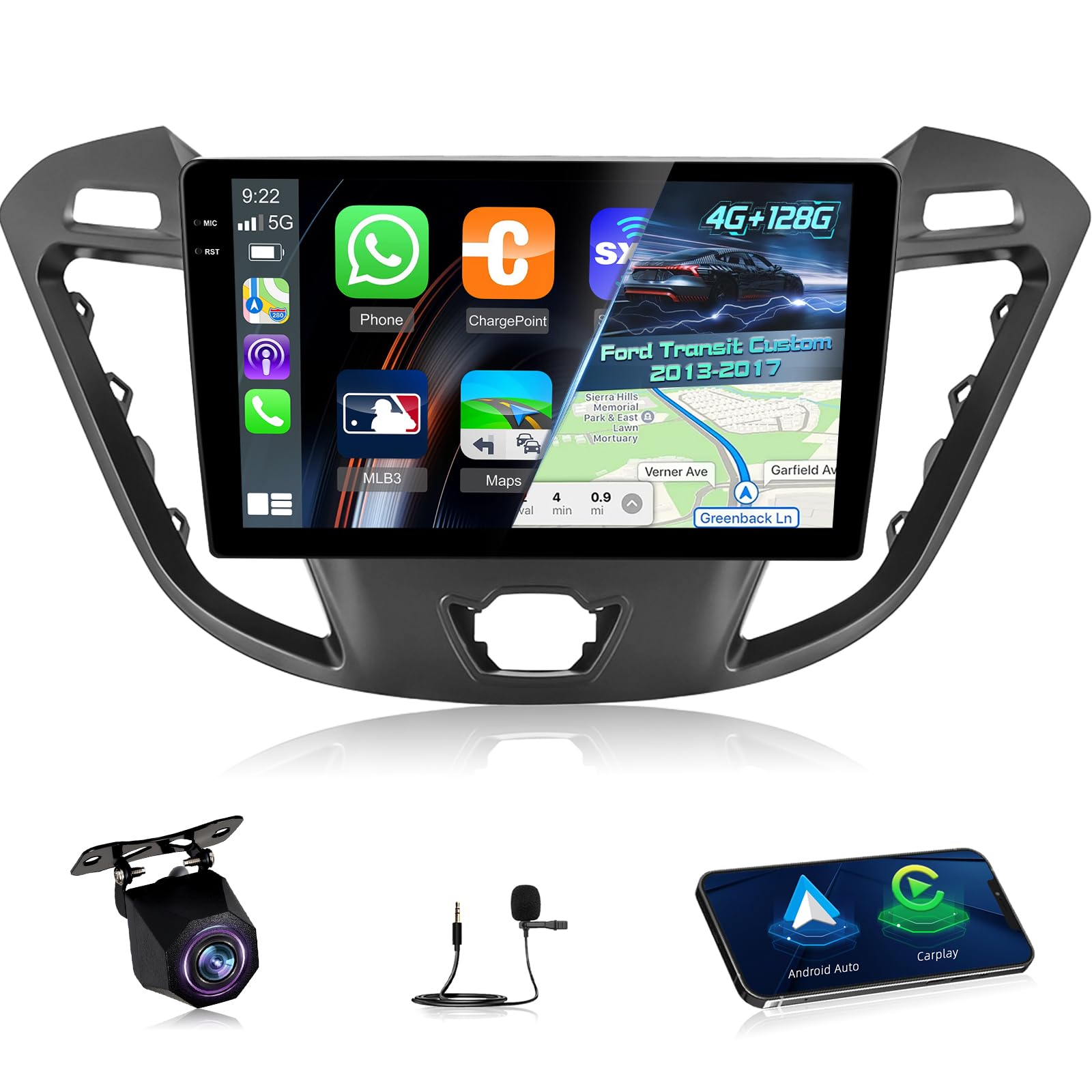 NHOPEEW 4+128G Android Autoradio per Ford Transit Custom 2013-2017 con Wireless Carplay e Android Auto - Schermo incell da 9 pollici Supporto WiFi GPS Comandi al volante + Telecamera di retromarcia