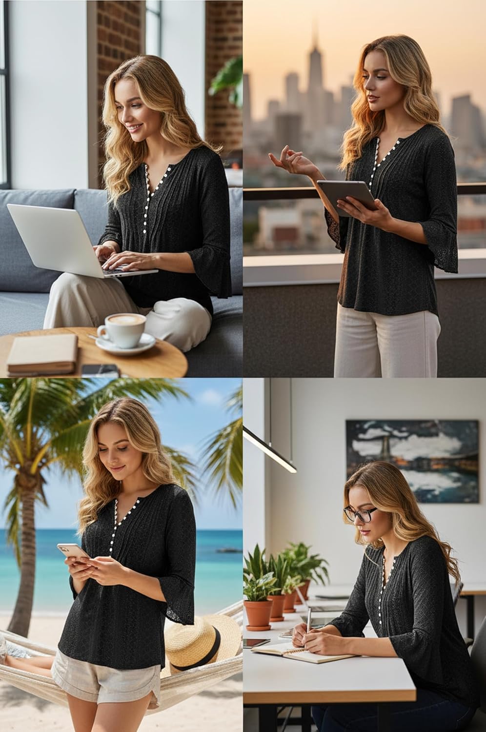 Womens Tops Dressy Casual Pleated Button Neck Summer Blouses 3/4 Flared Sleeve Fall Shirts - Image 4