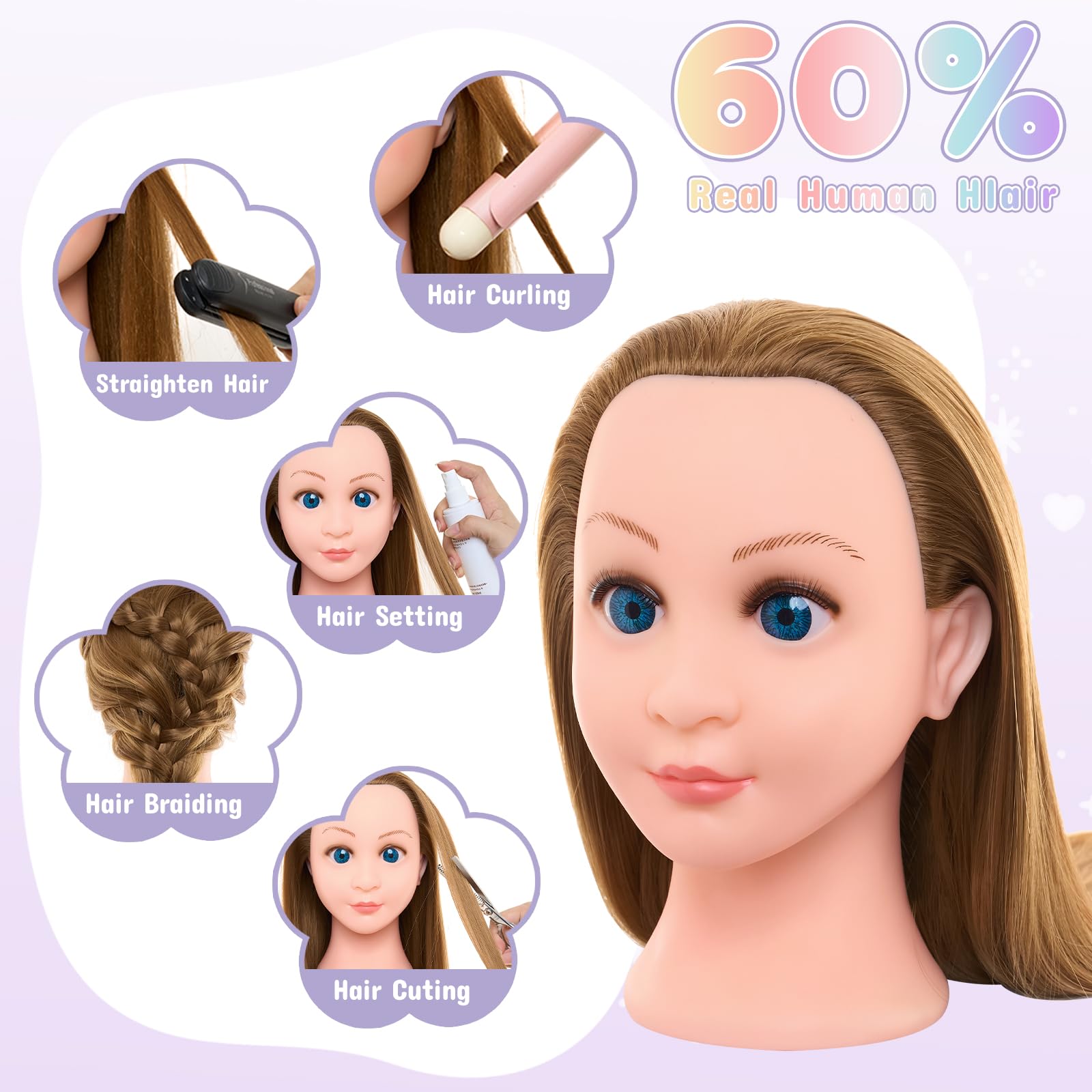 Neverland Beauty 22" Frisierkopf 60% Echthaar Übungskopf - Puppenkopf zum Frisieren Trainingskopf für Friseure mit Klemme und DIY Haare Frisuren Set