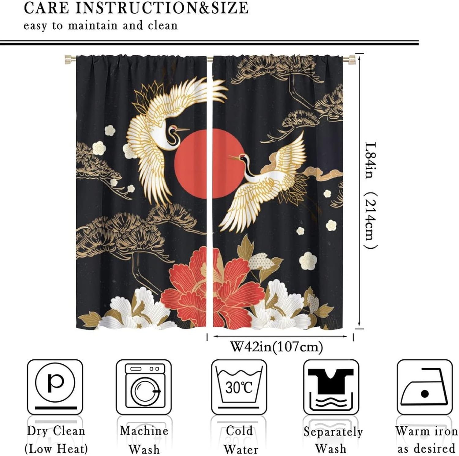 Abstract Japan Blackout Curtains,Vintage Black Gold Japanese Pine Tree Red Sun Crane Floral Window Curtains Rod Pocket Thermal Insulated Room Darkening Blackout Curtains 2 Panels 84L x 42W