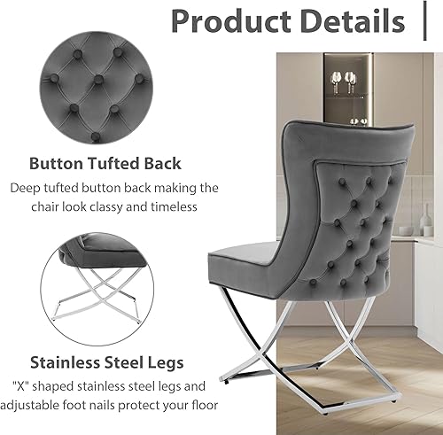 Miniatura 31 de Juego de 2 sillas de comedor de terciopelo, modernas y cómodas sillas de comedor tapizadas con respaldo copetudo y patas de acero inoxidable, color