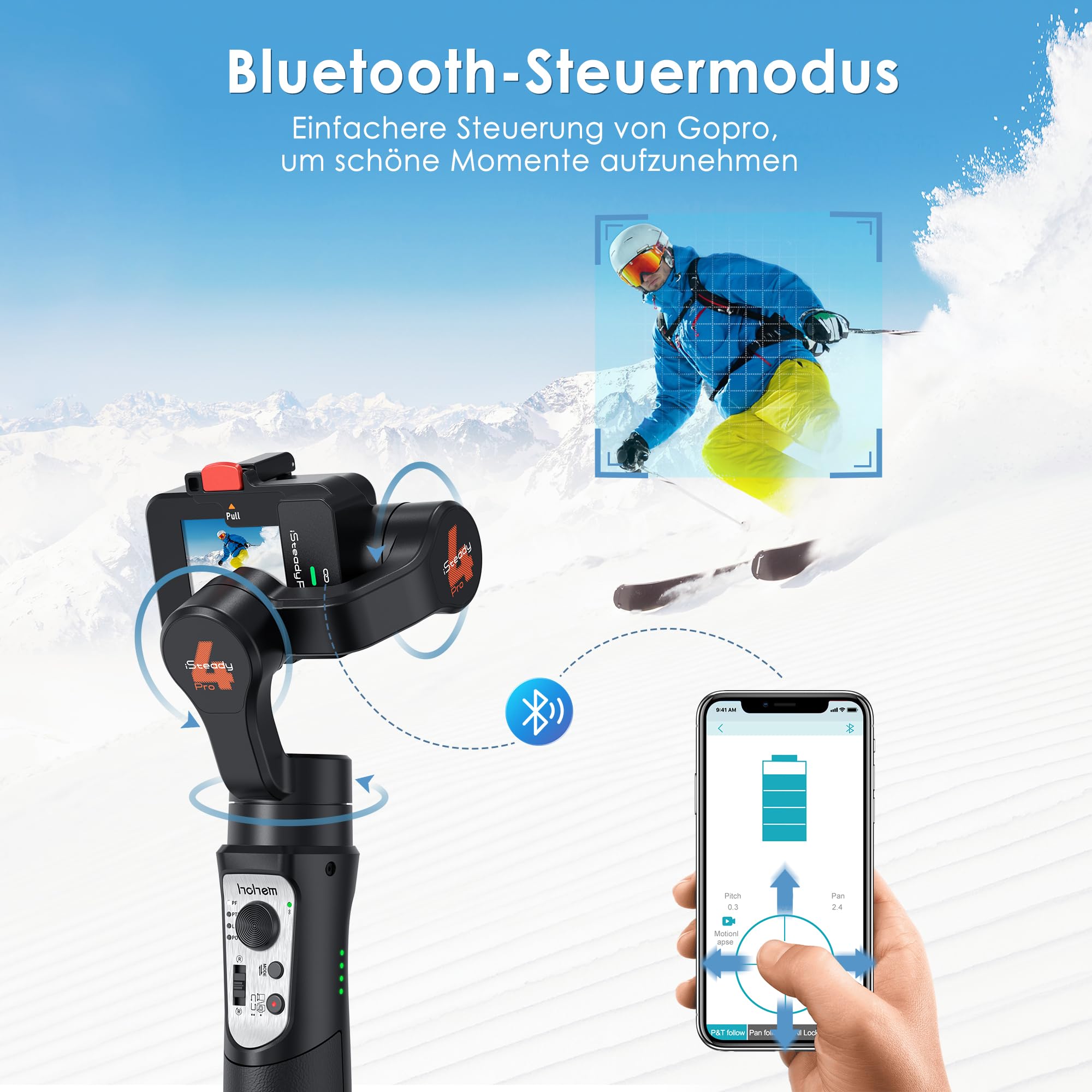 hohem iSteady Pro4, Action Kamera Gimbal Kompatibel mit GoPro Hero 13/12/11/10/9/8/7/6/5/4, für DJI Osmo Action 3/Insta360 One R/Sony RX0, 3 Achsen Stabilisator 14 St. Betriebszeit, IPX4 Splash-Proof