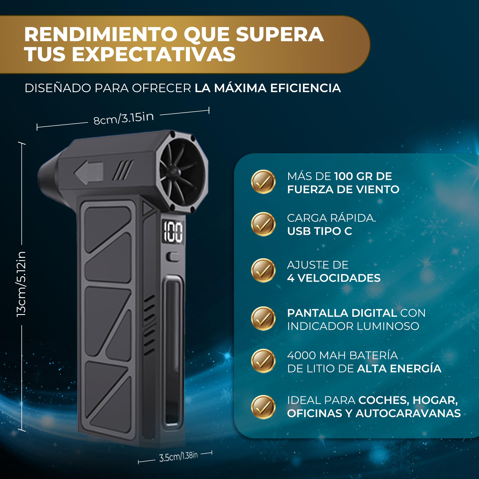 Super Pro Soplador De Aire Potente y Aspirador Mano 2 en 1, Pistola Aire Comprimido, 130000 RPM, Plumero de Aire Eléctrico con Bateria 4000 mAh, Soplador de Aire con Luz LED para PC, Limpieza Coche