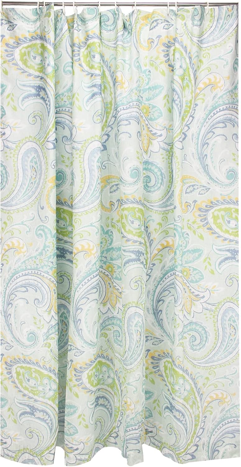 Levtex Home - Cortona Paisley - Shower Curtain (72x72in.) with Button Holes - Boho Floral in Orange Teal Red Blue - Black, Fuchsia, Purple, Orange, Blue and Yellow - Cotton Fabric