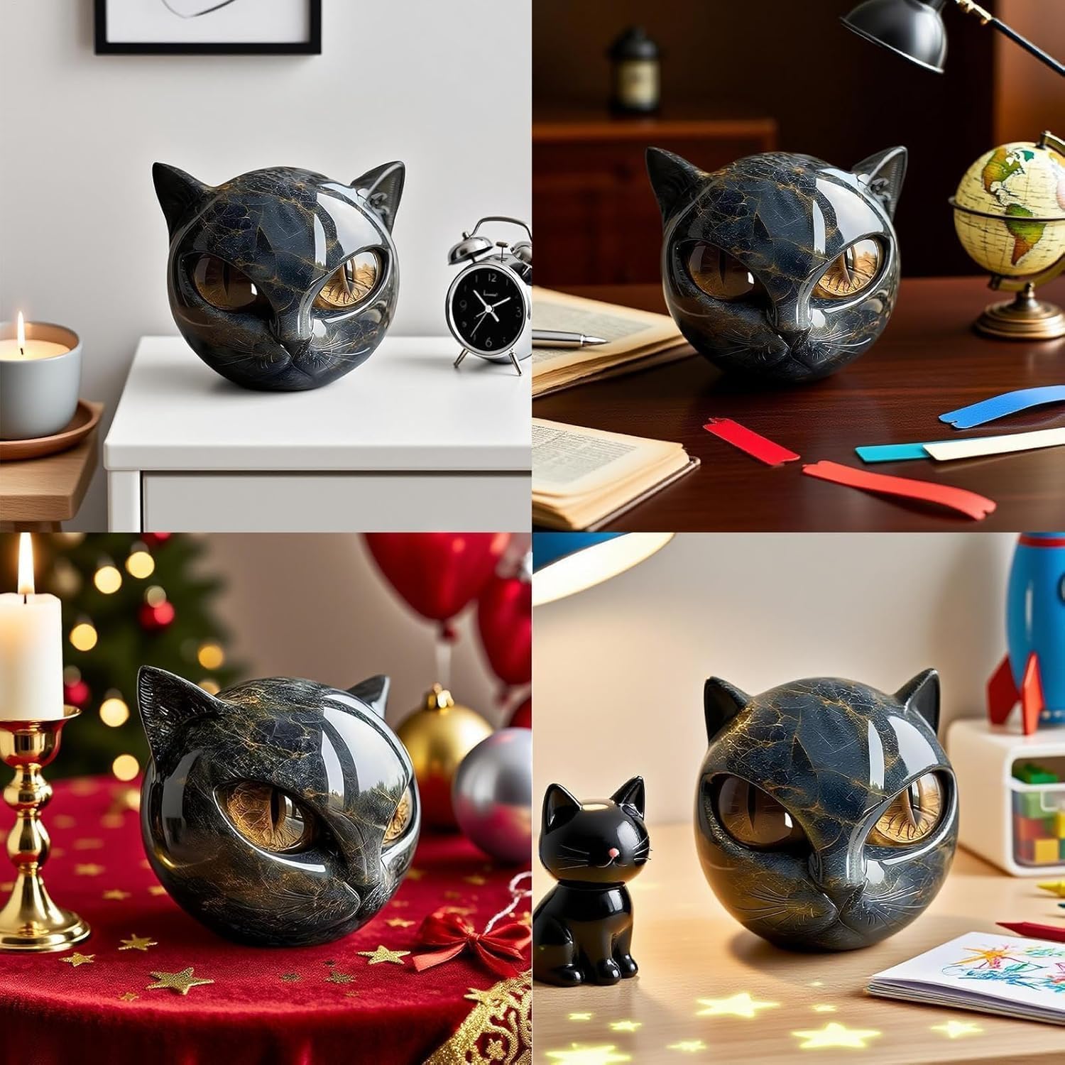 Sculpture Tête De Chat En Résine Pierre Marbrée - Déco Intérieur élégante - Style Minimaliste Et Moderne (or/noir) - 10