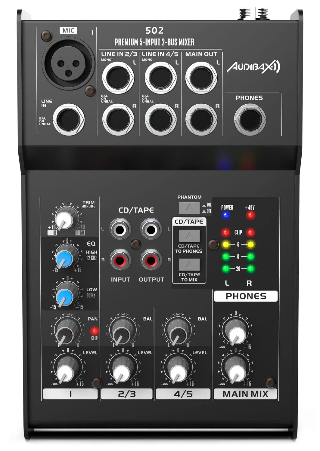 Audibax 502 - Console di Missaggio Audio - Mixer Audio a 5 Canali - Ingresso Microfono - 2 Ingressi Jack Stereo - Equalizzatore a 2 Bande - Alimentazione Phantom 48 V