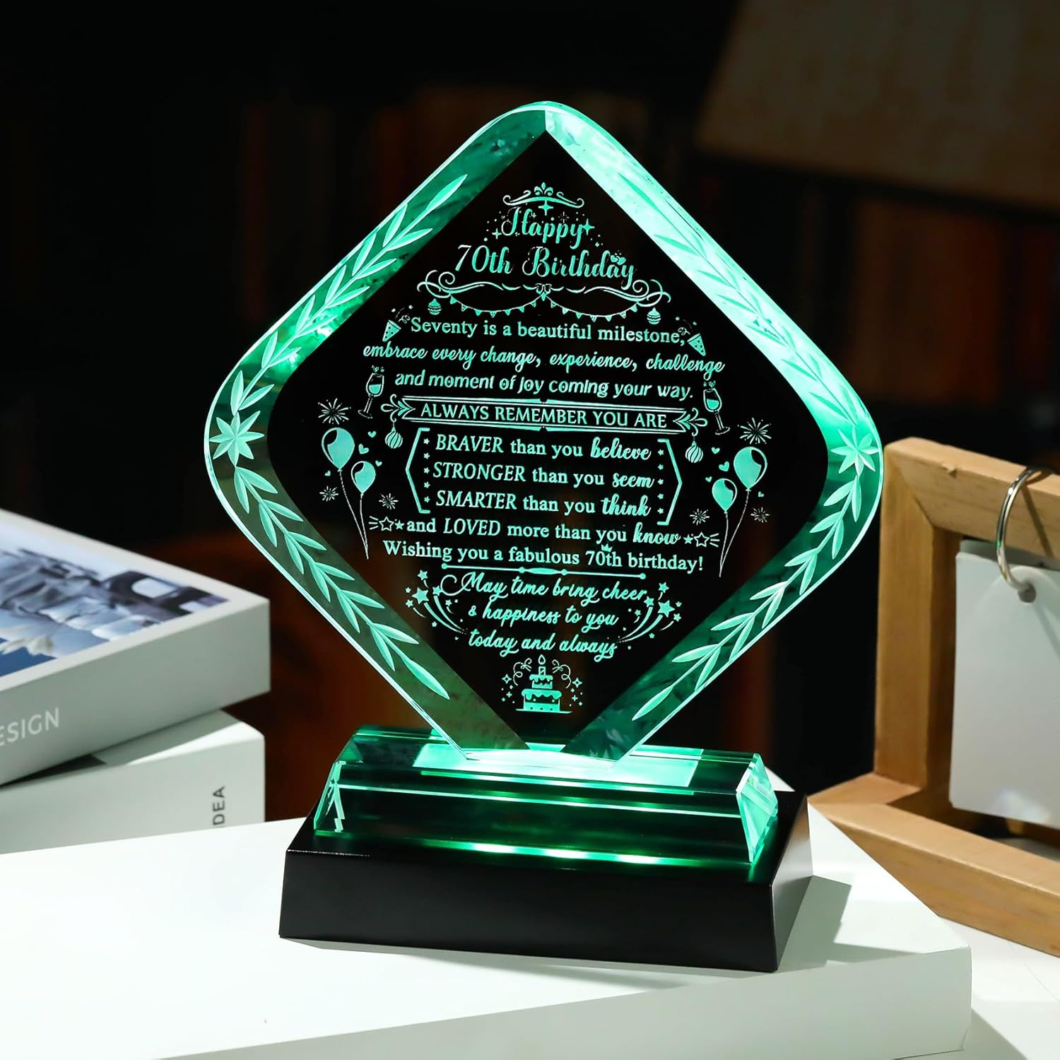 Glass Happy 70th Birthday Plaque Gifts for Women, Men with LED Light Base - 70 Year Old Birthday Gift for Her Him, Turning 70 Keepsakes for Mom Dad Unique Decoration - Image 2