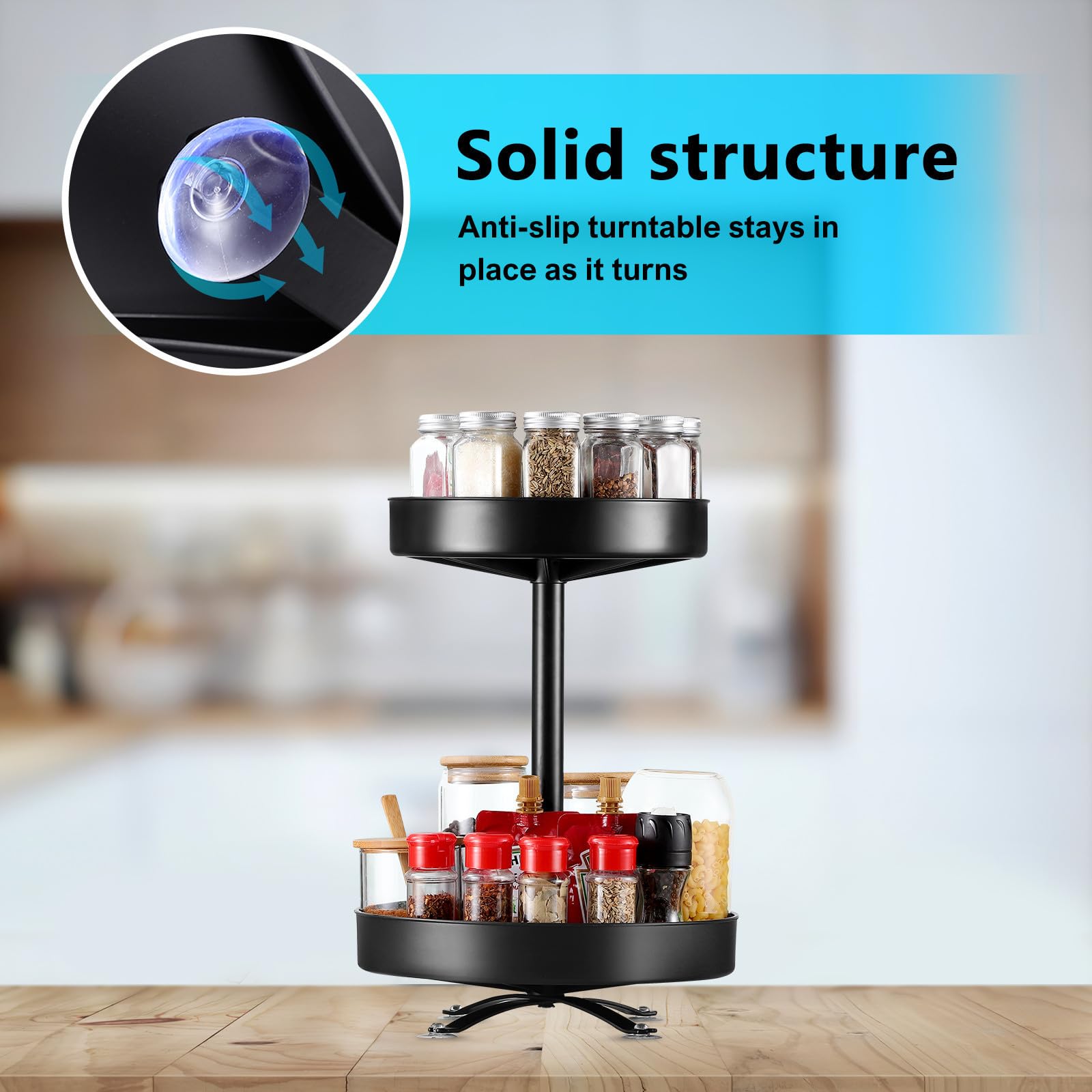 Estante Giratorio Bordes Elevados Organizador de Plástico y Acero Inoxidable y Diseño Giratorio para Especias y Condimentos de Cocina para Barra y Hotel