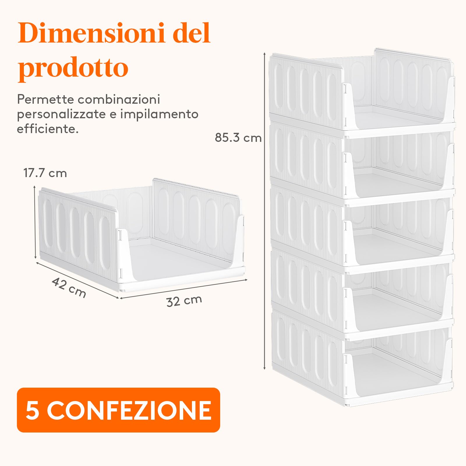Lifewit Organizer Armadio Interno, Impilabili Contenitori per Vestiti, Contenitori con Cassetti Salvaspazio Estraibile, Scatole Portaoggetti per Cucina, Bagno e Camera da Letto, 24L, Bianco, 5 Pezzi