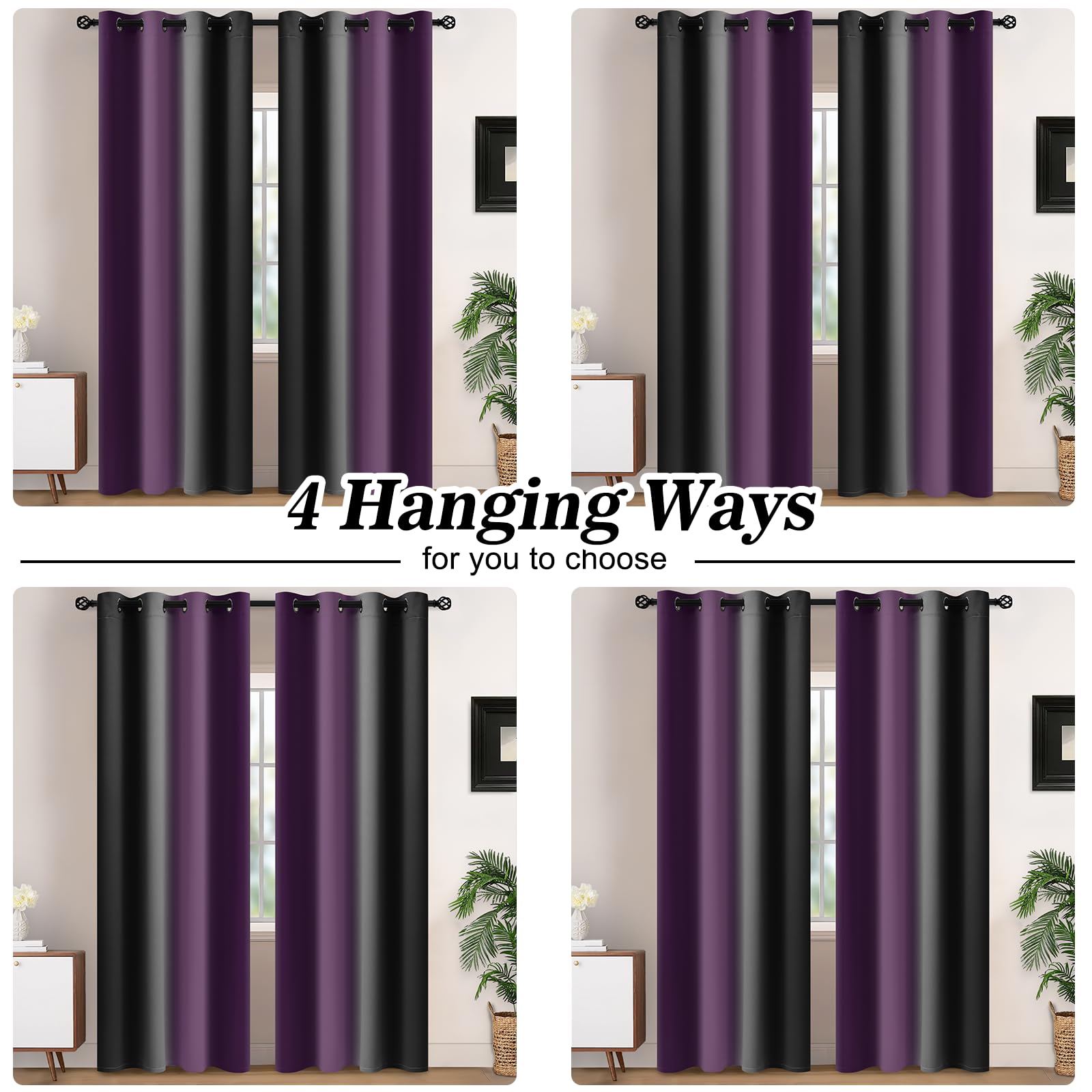 Yakamok 90 Inch Length Purple and Black Light Blocking Gradient Color Ombre Curtains with Grommet - Image 3